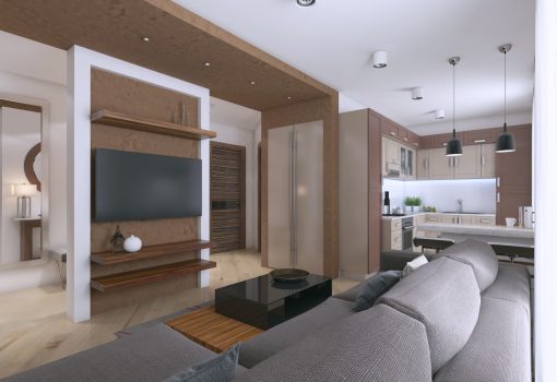 Modern interior of the studio in the style of Contemporary. 3D rendering