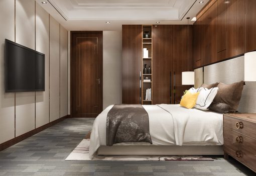 3d rendering luxury bedroom suite in hotel with tv and cabinet and wardrobe
